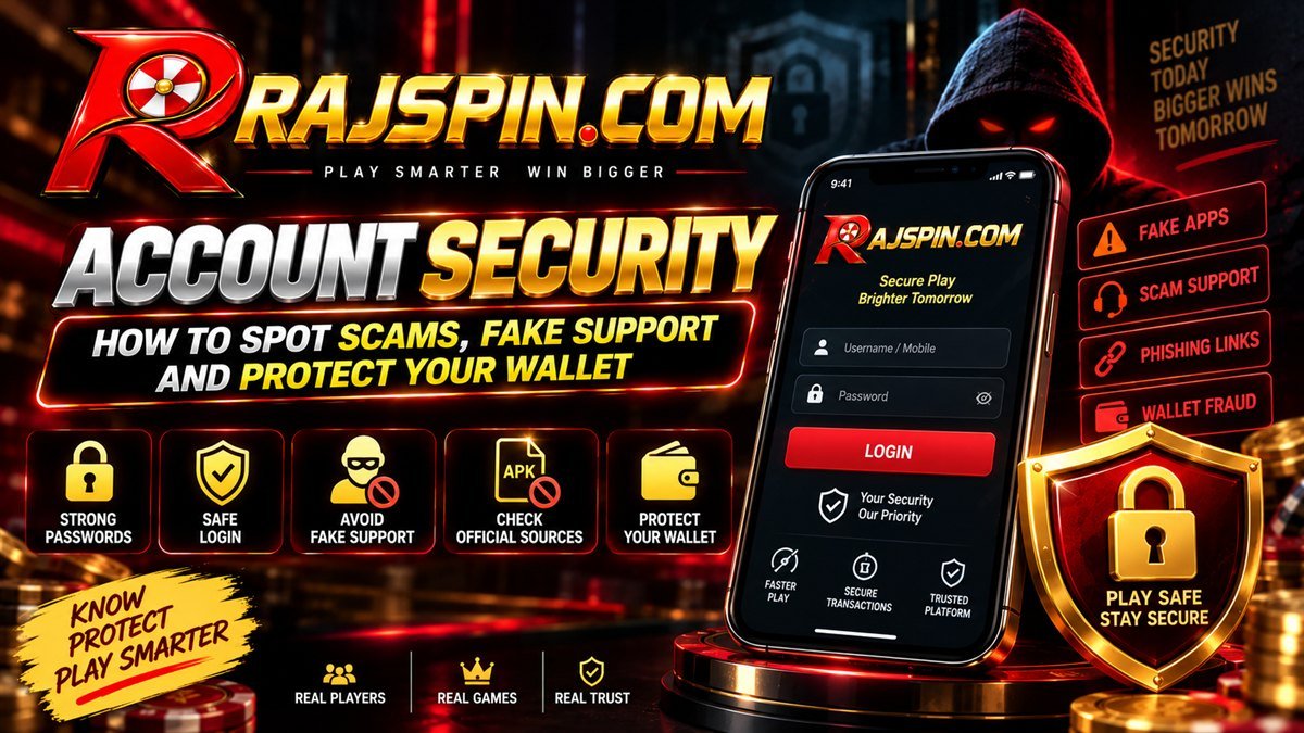 Smartphone showing a Rajspin account security screen with two-factor authentication and a fraud warning