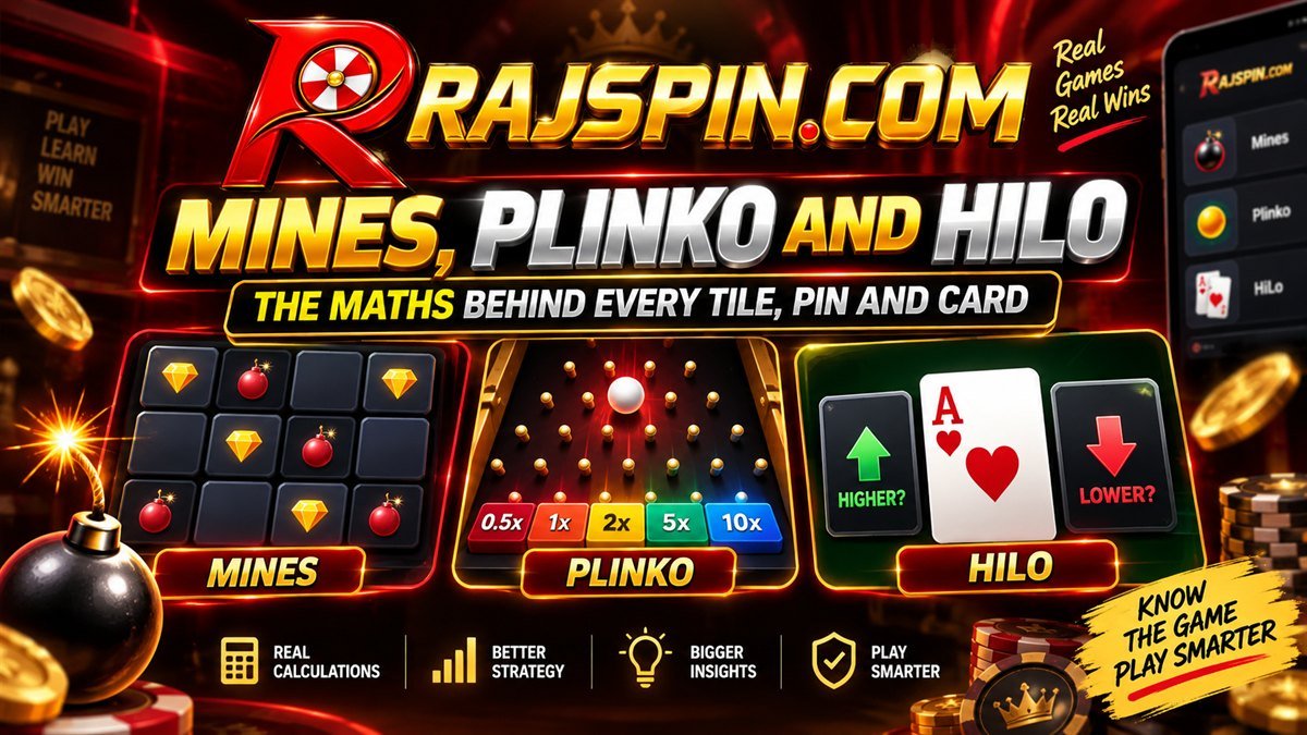 Rajspin instant games showing a Mines grid, a Plinko pin board and a HiLo card with multiplier readouts
