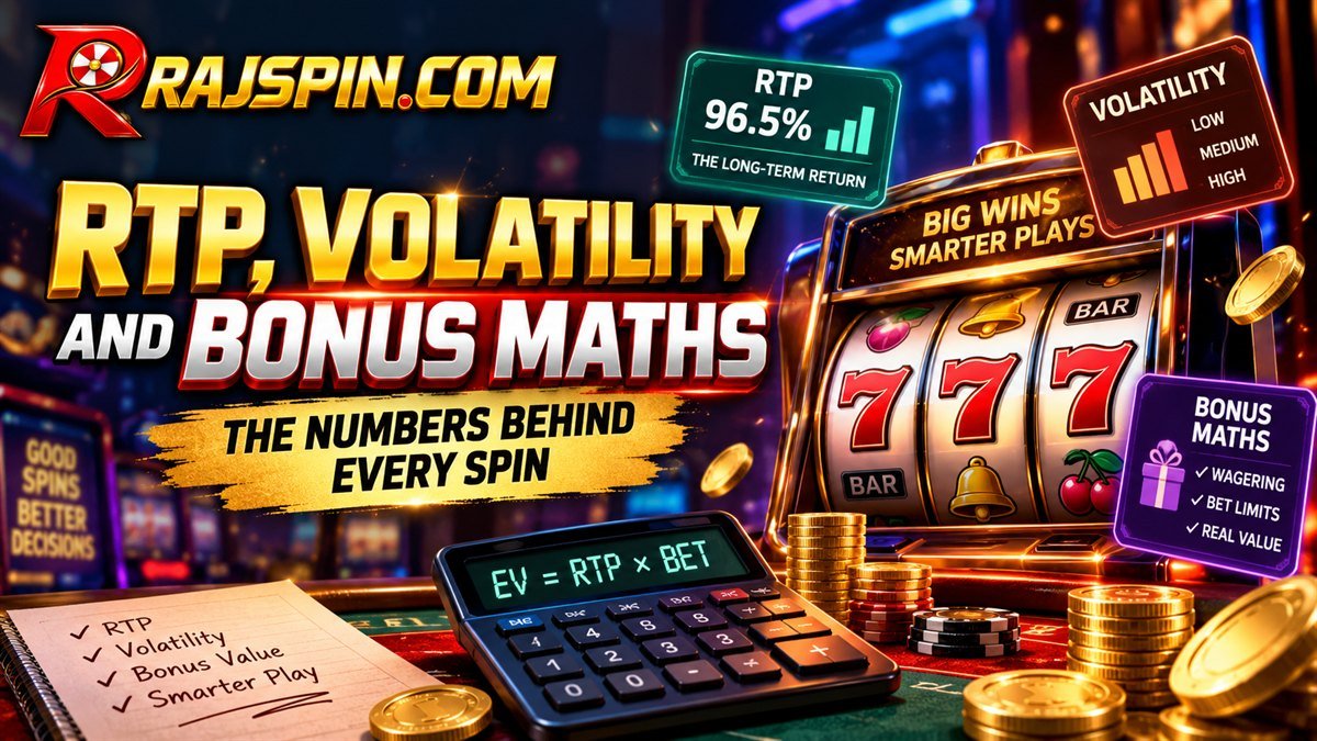 Illustration of slot reels alongside an RTP percentage chart and bonus wagering calculation